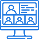 Blue computer monitor icon with people representing webinar replays and recorded educational sessions