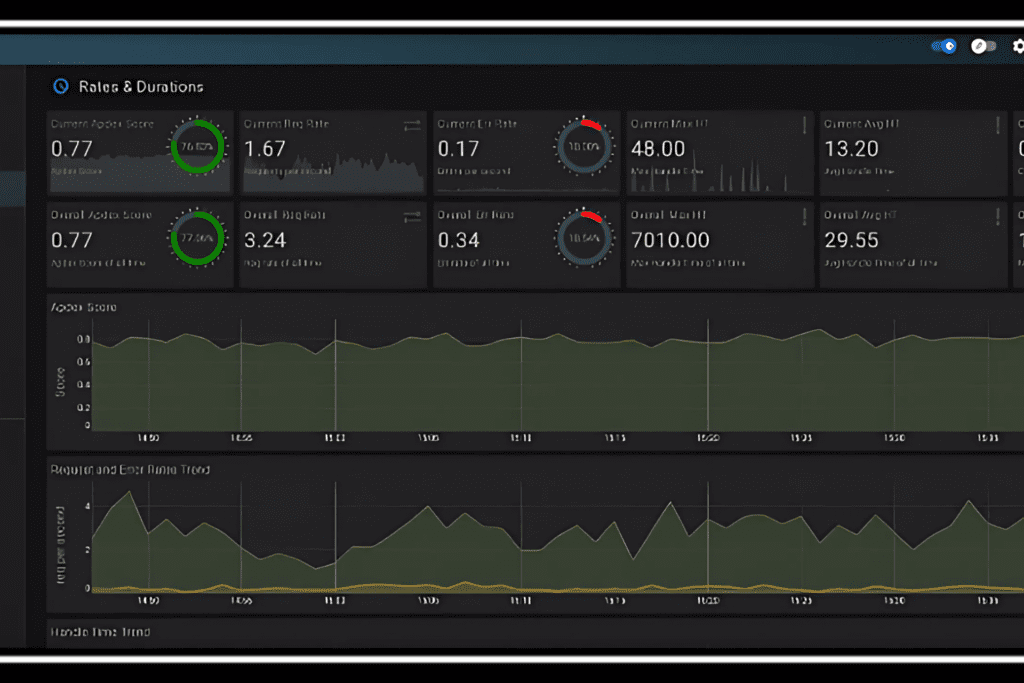 Modern observability dashboard showing IBM i system metrics with rates, durations, and performance graphs bridging legacy systems to modern monitoring platforms