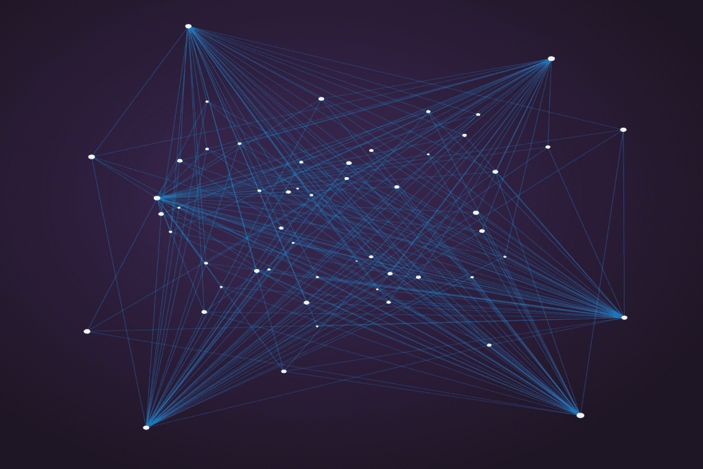 Purple network with connected nodes representing JavaScript integration connecting IBM i systems with modern web technologies