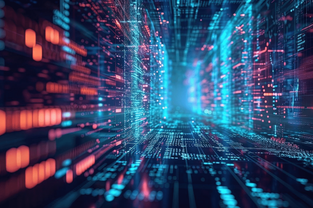 Futuristic digital tunnel with flowing data representing modern Git-based DevOps transformation for IBM i development