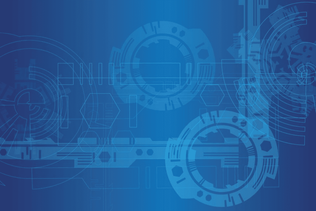 Blue technical blueprint with geometric patterns representing IBM i DevOps architecture and Git-based development workflows