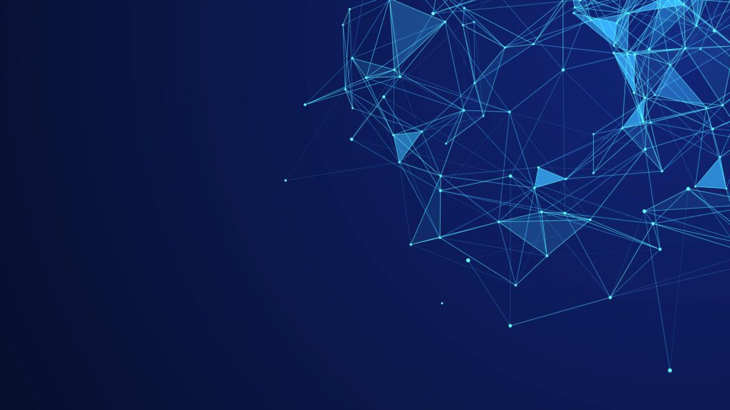 Blue network mesh with connected nodes representing secure API authentication, token-based security, and protected IBM i system integration