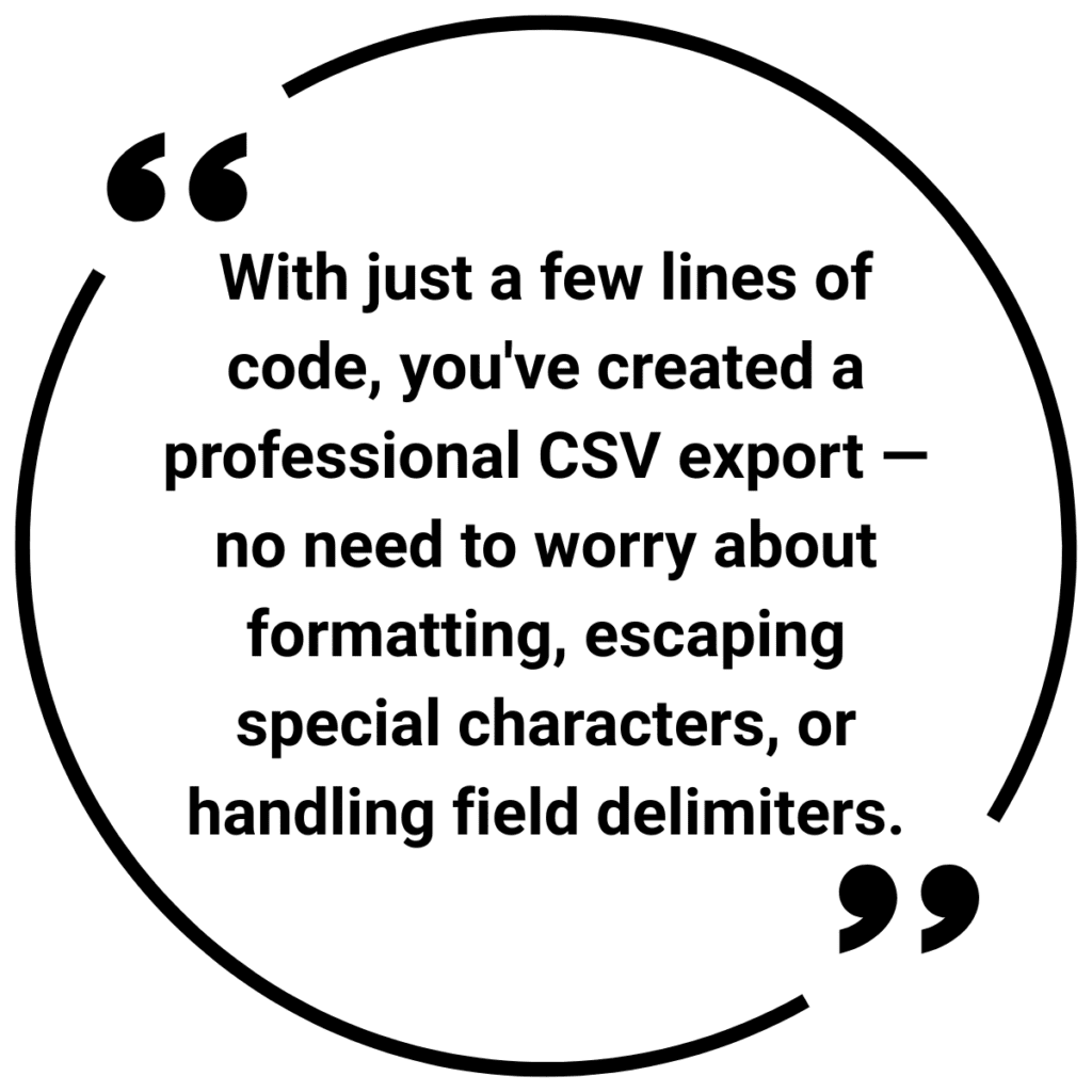 Quote about creating professional CSV export with simple code using NPM packages for IBM i development