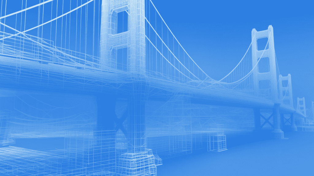 Digital bridge wireframe illustration representing IBM i integration connecting legacy systems to modern applications.