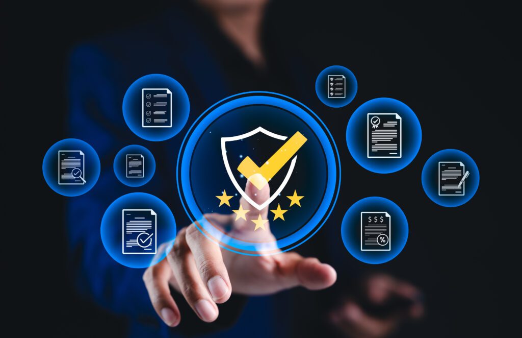 Hand pointing to compliance shield icon with document checklist symbols