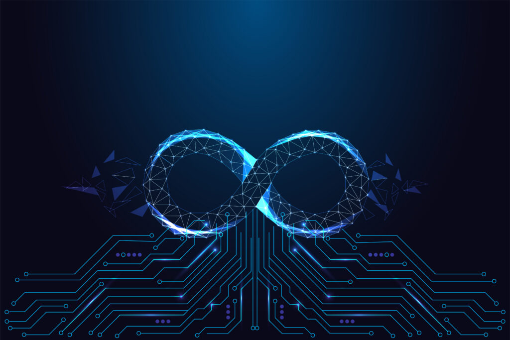 Glowing DevOps infinity loop above circuit board lines