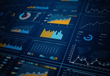 Modern EDI solutions dashboard showing real-time data analytics with colorful charts, graphs, and performance metrics in blue and orange.