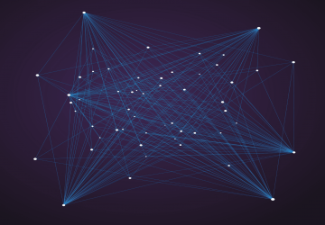 Purple network with connected nodes representing JavaScript integration connecting IBM i systems with modern web technologies