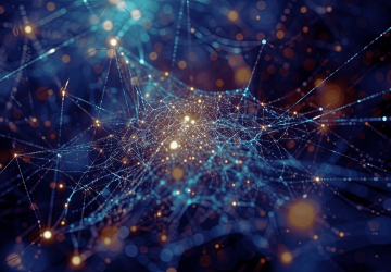 Abstract AI neural network with glowing nodes representing generative AI integration for IBM i RPG COBOL applications