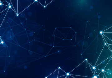 Blue network diagram showing connected nodes representing Git DevOps integration for IBM i development platforms