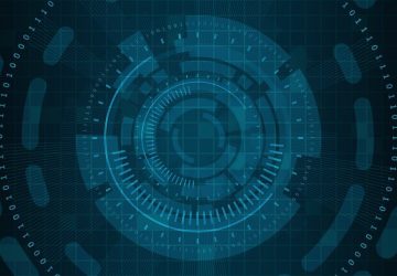 Circular digital interface representing IBM i DevOps transformation with binary code and modern technology integration