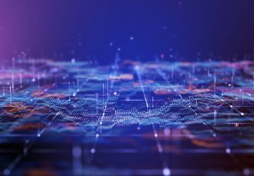 Purple and blue digital landscape with flowing particles representing Node.js bridging traditional IBM i and modern web development