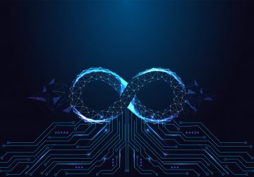 Agile development and DevOps concept with glowing polygonal infinity loop on circuit board background. Futuristic low poly style, abstract vector illustration for digital process and technology.