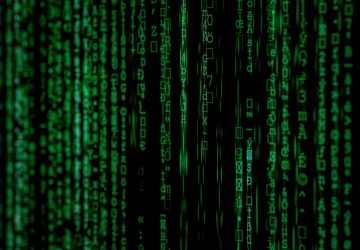 Matrix code visualization representing IBM i RPG to REST API transformation for modern integration